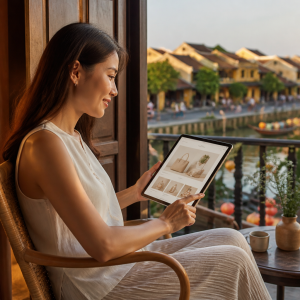 Người phụ nữ đang đọc bài viết về blog mua bán online trên máy tính bảng