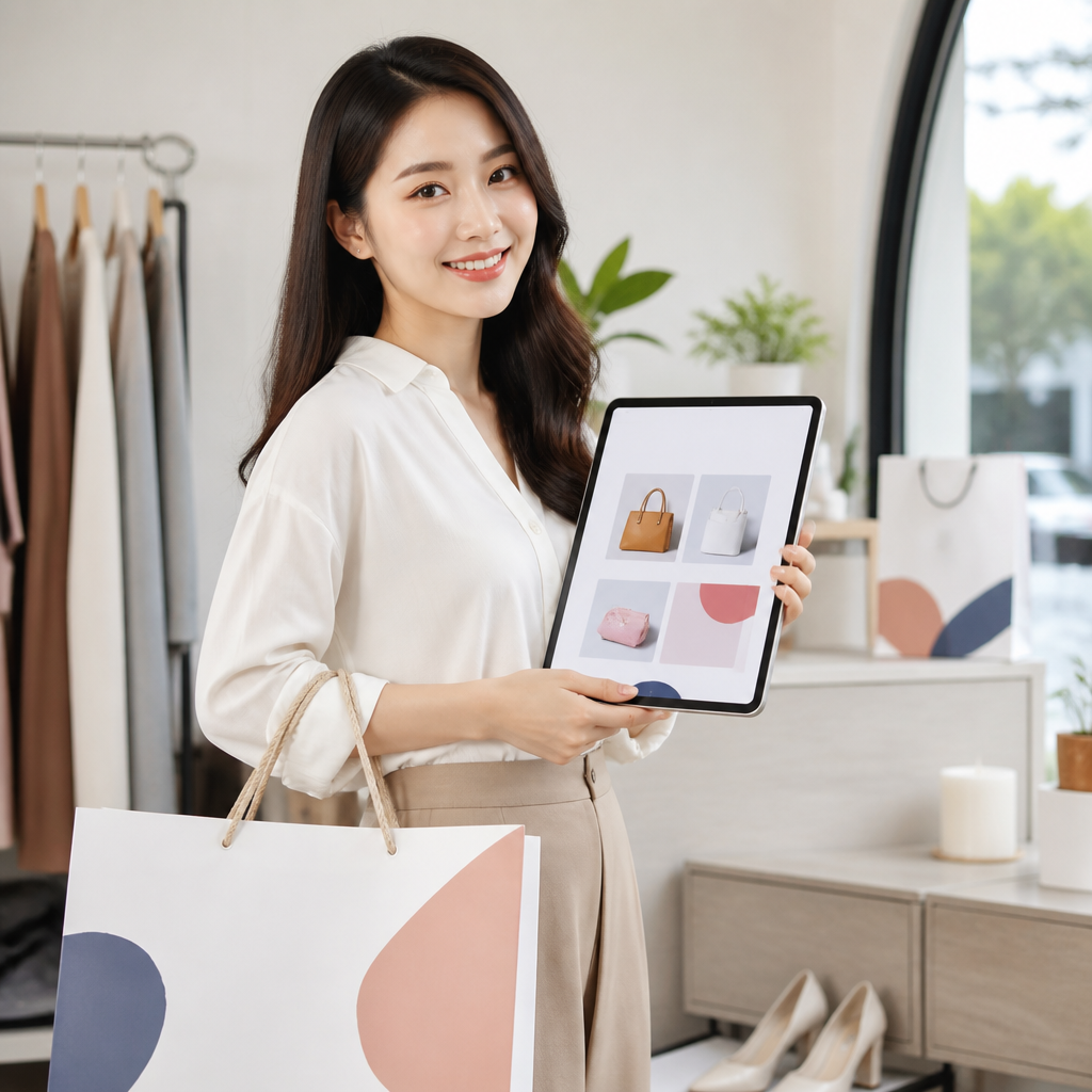 Người cầm túi mua sắm và máy tính bảng, biểu tượng cho mua sắm online thông minh
