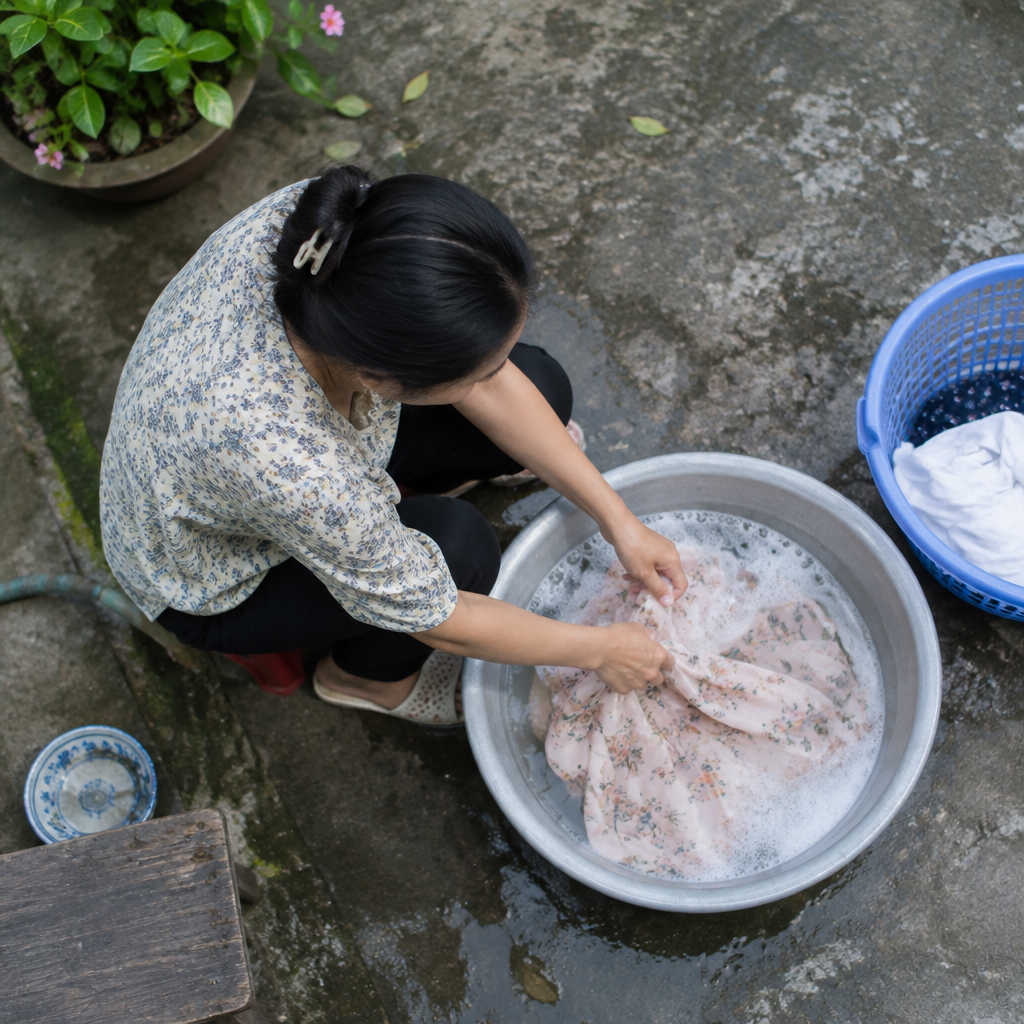 Người phụ nữ đang giặt tay chiếc áo sơ mi nữ một cách nhẹ nhàng trong chậu nước