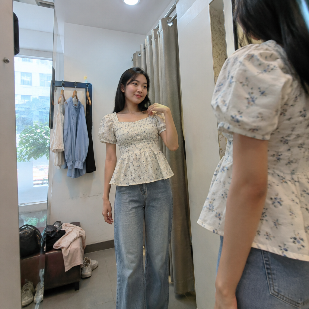 Người phụ nữ đang thử các kiểu áo sơ mi nữ khác nhau để tìm ra cách chọn áo sơ mi nữ theo dáng người 2026 phù hợp nhất