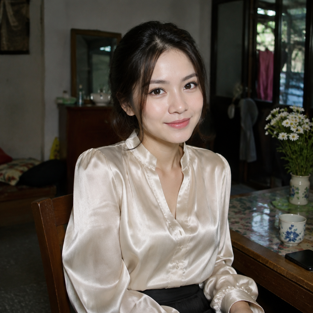 Một cô gái đang mặc áo sơ mi nữ lụa thanh lịch, thể hiện sự lựa chọn chất liệu tinh tế