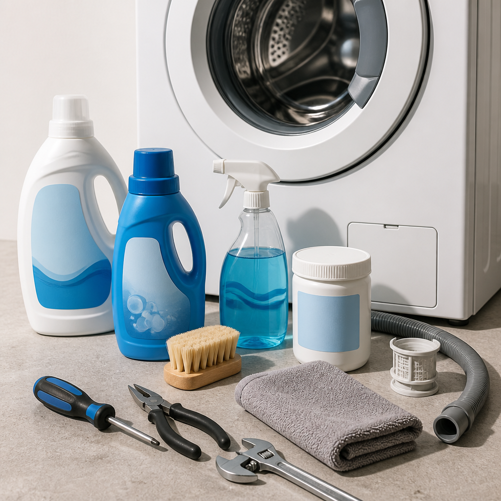 Bộ dụng cụ vệ sinh và bảo dưỡng máy giặt, minh họa việc chăm sóc định kỳ thiết bị gia dụng