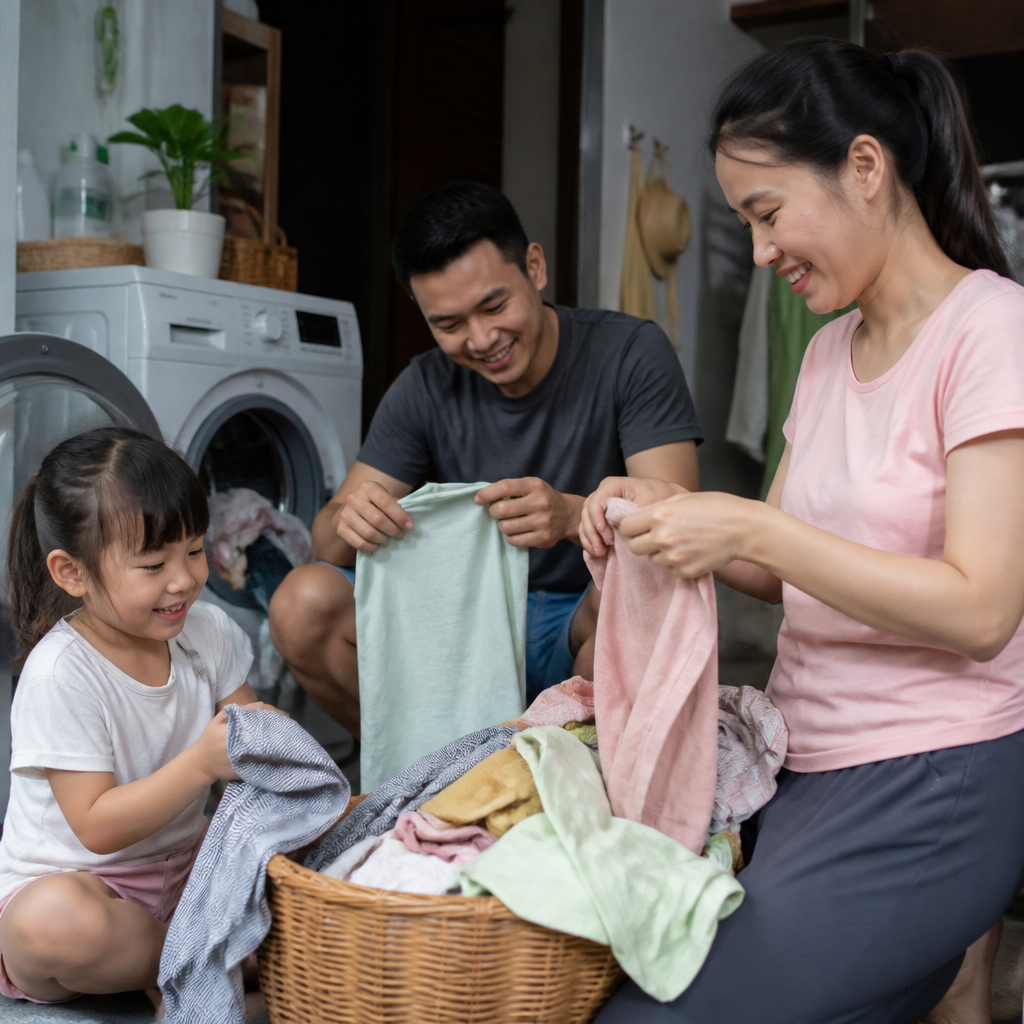 Gia đình hạnh phúc với quần áo sạch từ máy giặt bền bỉ, tượng trưng cho kết quả của việc sử dụng đúng cách