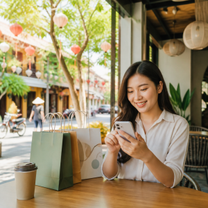 Người mua hàng đang đọc các đánh giá sản phẩm trên điện thoại thông minh của mình.