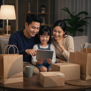 Gia đình đang cùng nhau mua sắm trực tuyến, khám phá các cửa hàng sản phẩm trên máy tính bảng