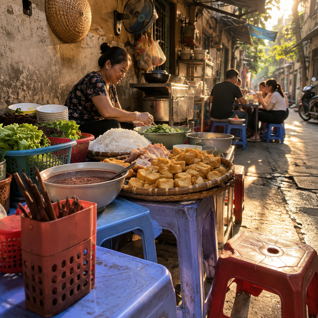 Một quán bún đậu mắm tôm trong con hẻm nhỏ ở Hà Nội, thể hiện ẩm thực giá rẻ
