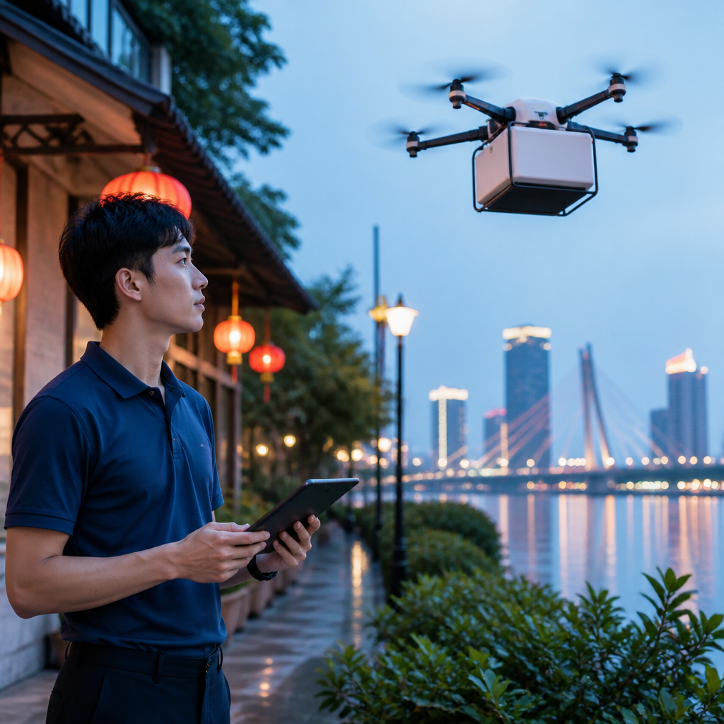 Mua Sắm Trực Tuyến 2026: Những Xu Hướng Mới Nổi Và Cách Bạn Cần Thích Nghi 3 Một chiếc drone đang giao gói hàng đến cửa nhà, biểu trưng cho dịch vụ giao hàng nhanh chóng trong mua sắm trực tuyến.