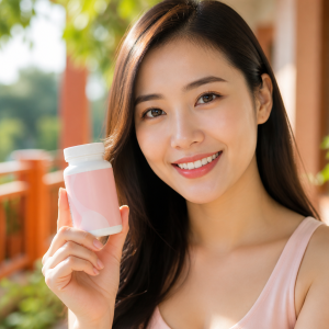 Người phụ nữ trẻ khỏe mạnh đang cầm một lọ men vi sinh phụ nữ tốt nhất 2026
