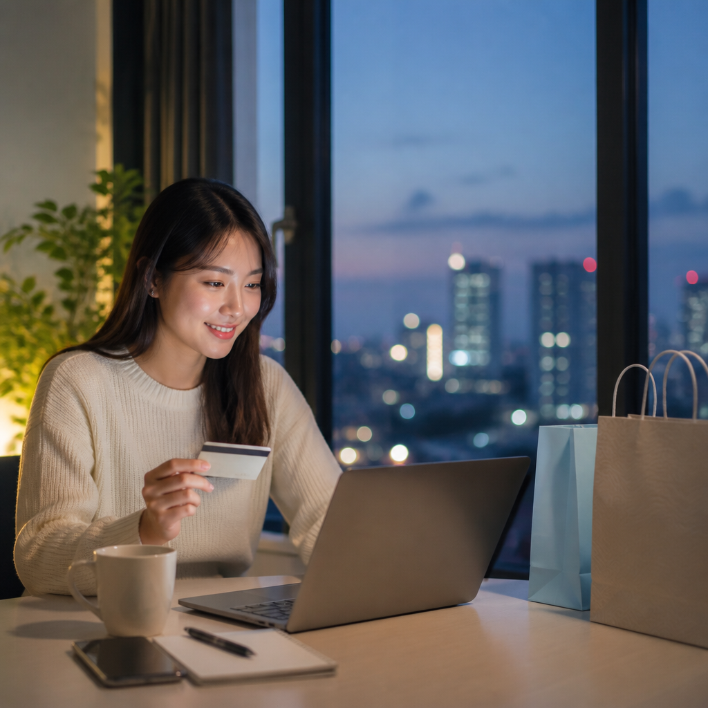 Một người phụ nữ đang mua sắm trực tuyến trên máy tính xách tay