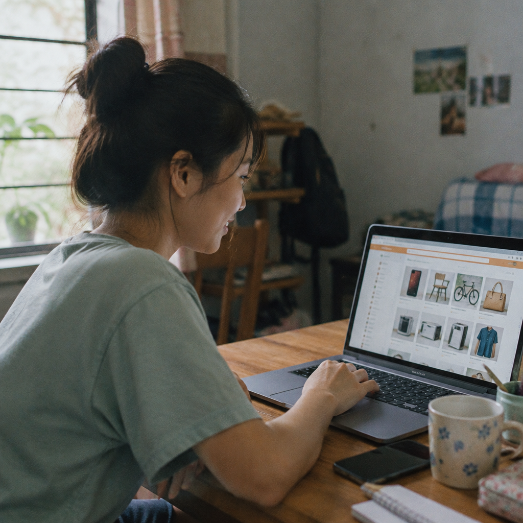 Một người phụ nữ đang ngồi trên ghế sofa và sử dụng laptop để tìm kiếm sản phẩm trực tuyến