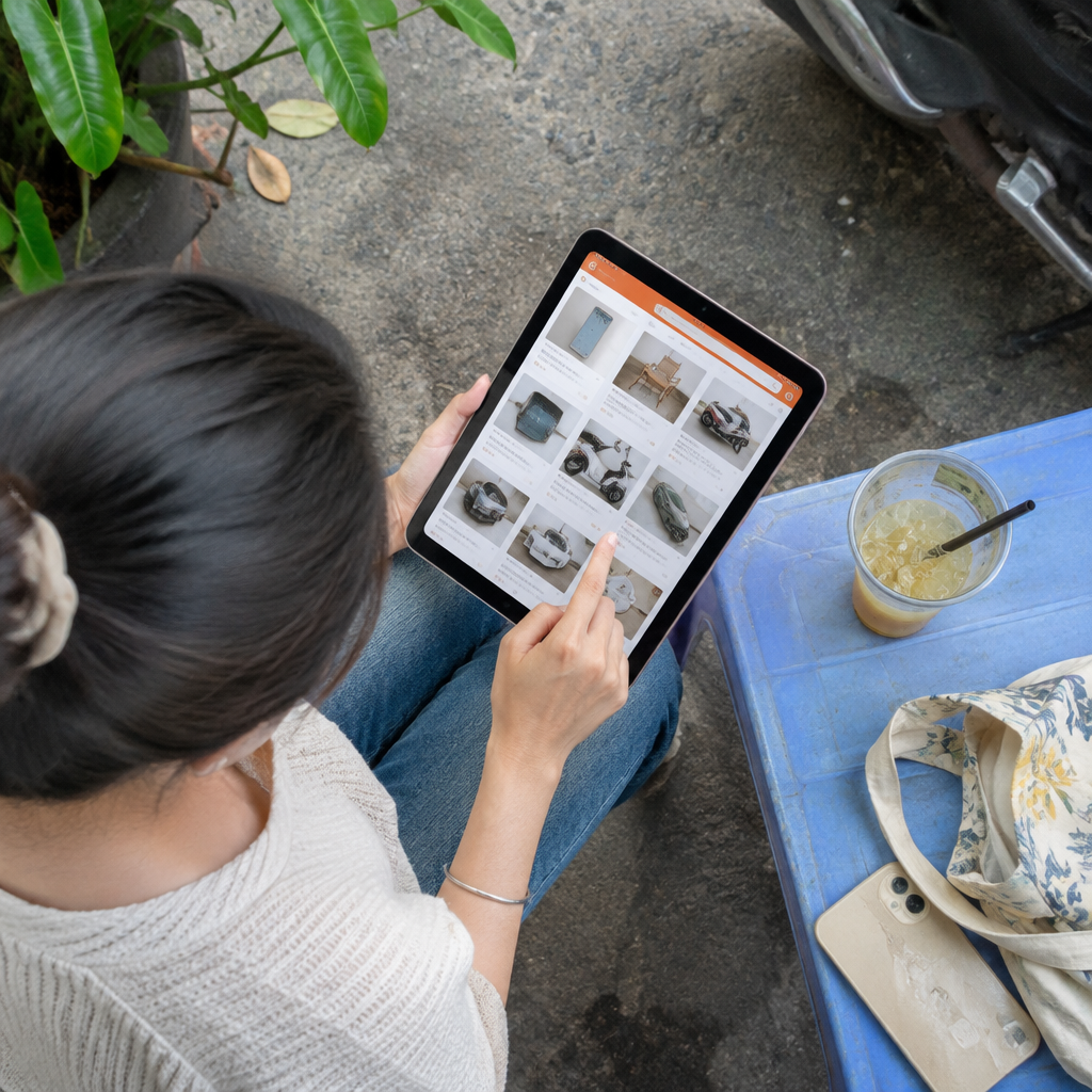 Một người phụ nữ đang lướt xem các sản phẩm trên một sàn thương mại điện tử qua máy tính bảng