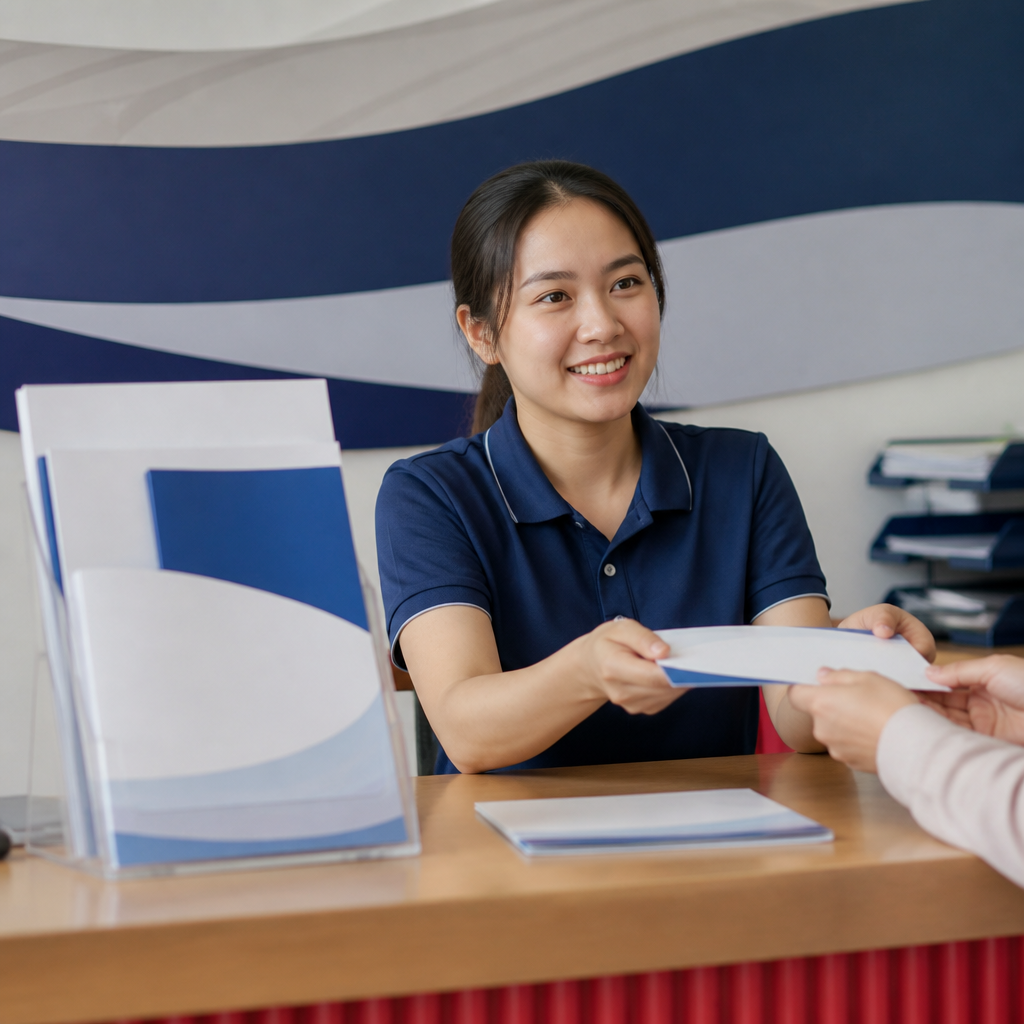 Một bàn làm việc với tài liệu chính sách và một người đang hỗ trợ khách hàng