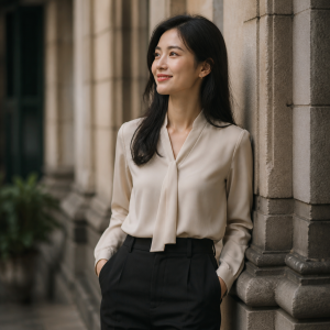 Một người phụ nữ mặc áo sơ mi công sở nữ màu trắng với quần ống rộng, dáng vẻ thanh lịch và chuyên nghiệp, phù hợp xu hướng phối đồ áo sơ mi công sở nữ 2026.
