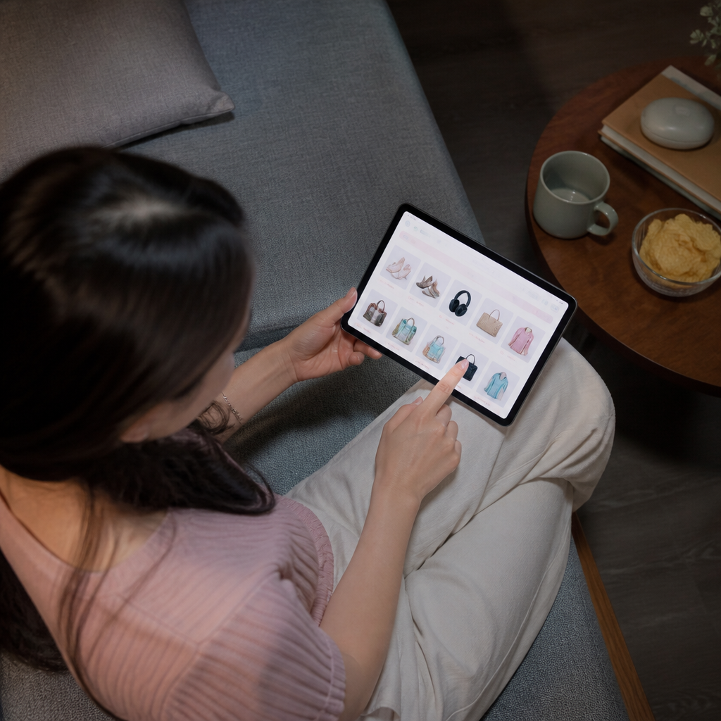 Phố Mua Bán Online 2026: Nền Tảng Nào Uy Tín Nhất Để Giao Dịch? 4 Người phụ nữ đang lựa chọn nền tảng mua sắm trực tuyến trên máy tính bảng
