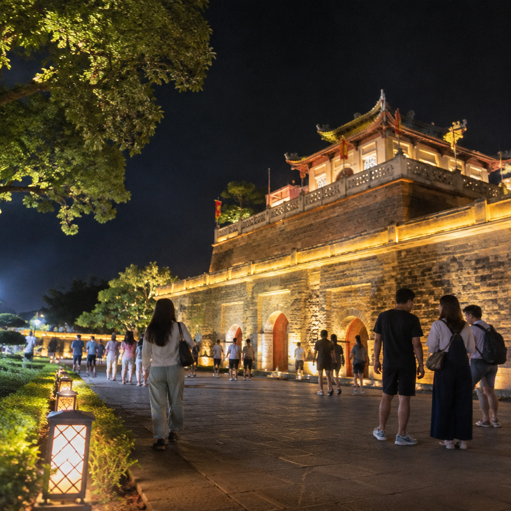 Top 7 Trải Nghiệm Văn Hóa & Giải Trí Độc Đáo Tại Hà Nội Mùa Thu 2026 4 Hoàng Thành Thăng Long lung linh ánh đèn trong tour đêm mùa thu Hà Nội 2026