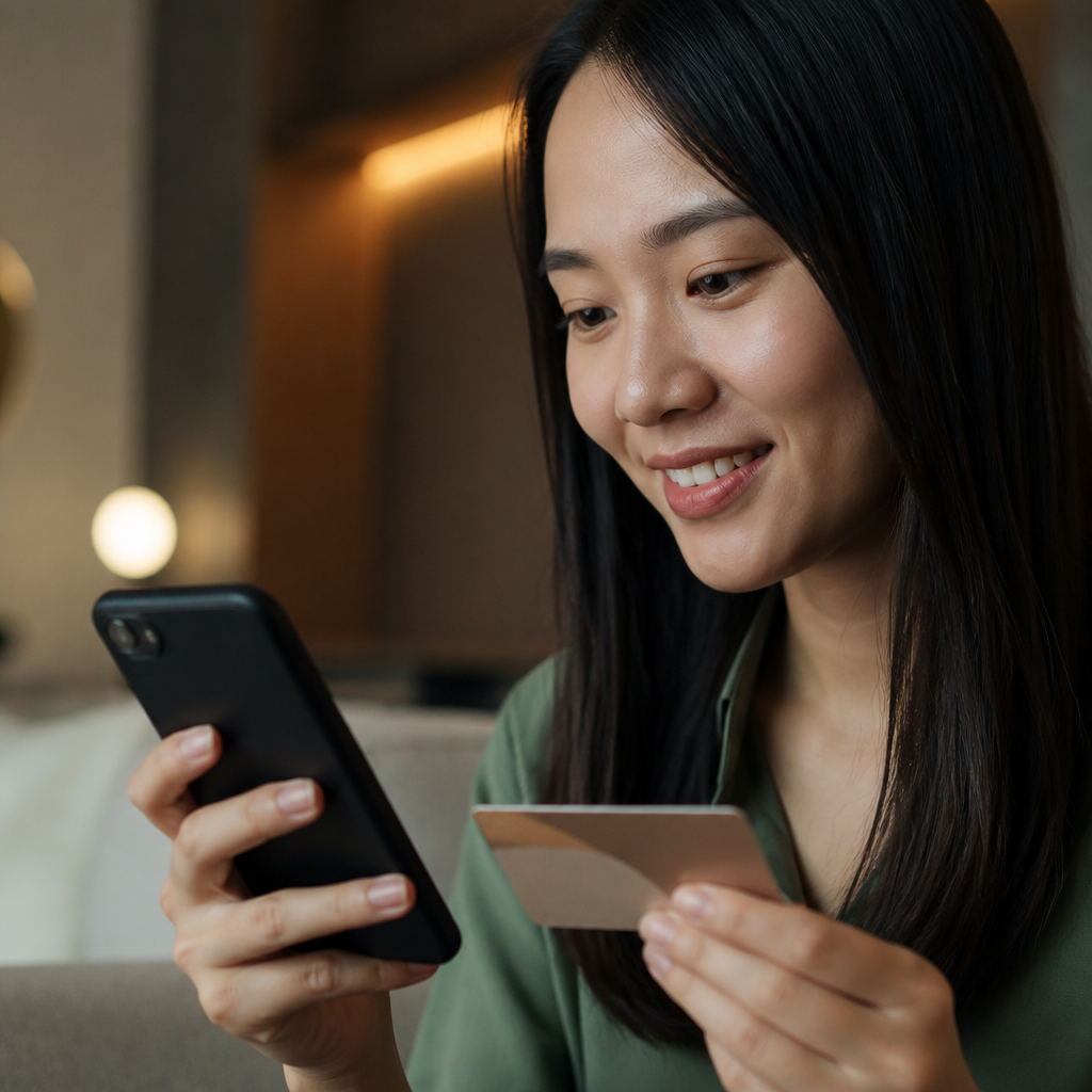 Người phụ nữ tự tin mua sắm trực tuyến trên máy tính bảng.